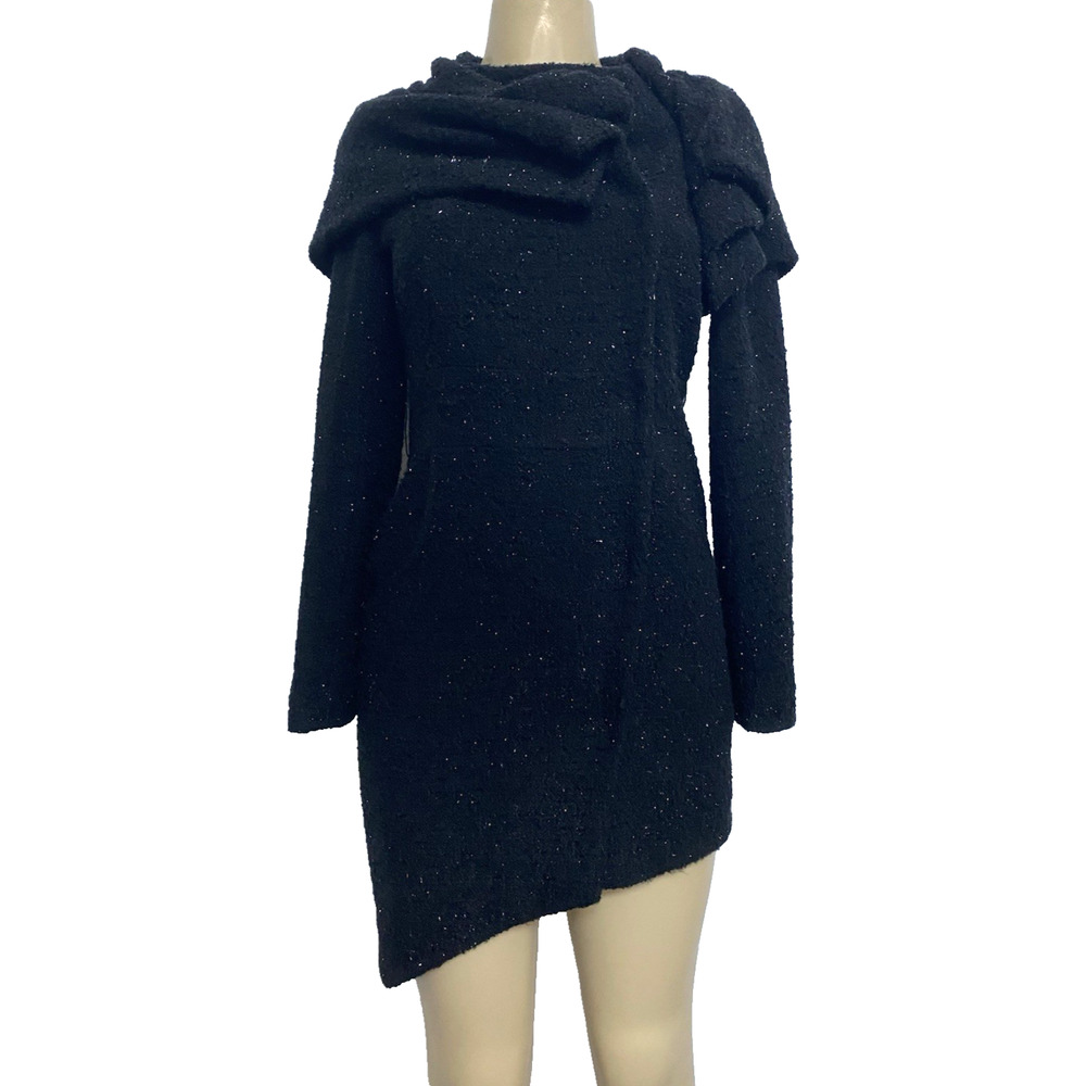Alice + Olivia Pea Coat Shimmer Black Jacket Snap Slip Pockets Asymmetrical XS